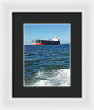 Black And Red Boat At Sea - Framed Print