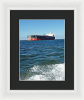 Black And Red Boat At Sea - Framed Print