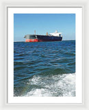 Black And Red Boat At Sea - Framed Print