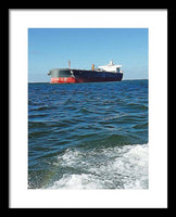 Black And Red Boat At Sea - Framed Print