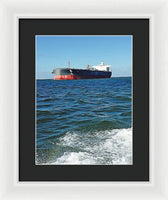 Black And Red Boat At Sea - Framed Print