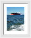 Black And Red Boat At Sea - Framed Print