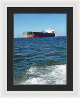 Black And Red Boat At Sea - Framed Print