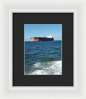 Black And Red Boat At Sea - Framed Print