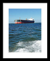 Black And Red Boat At Sea - Framed Print