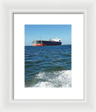 Black And Red Boat At Sea - Framed Print