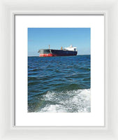 Black And Red Boat At Sea - Framed Print