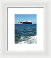 Black And Red Boat At Sea - Framed Print