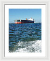 Black And Red Boat At Sea - Framed Print