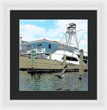 Flying Pelican By The Boat - Framed Print