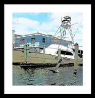 Flying Pelican By The Boat - Framed Print