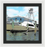 Flying Pelican By The Boat - Framed Print