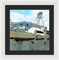 Flying Pelican By The Boat - Framed Print