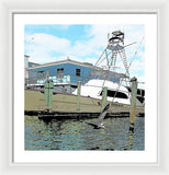 Flying Pelican By The Boat - Framed Print