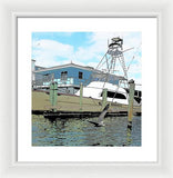 Flying Pelican By The Boat - Framed Print