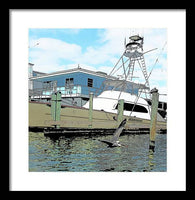 Flying Pelican By The Boat - Framed Print