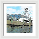 Flying Pelican By The Boat - Framed Print