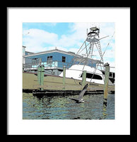 Flying Pelican By The Boat - Framed Print