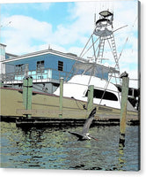 Flying Pelican By The Boat - Acrylic Print